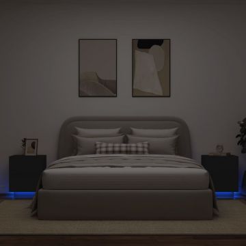 Нощни шкафчета с LED, 2 бр, черно, инженерна дървесина