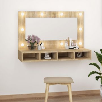 Огледален шкаф с LED, сонома дъб, 90x31,5x62 см