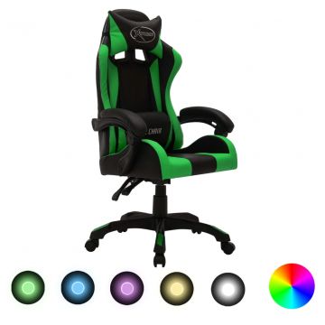 Геймърски стол RGB LED осветление зелено/черно изкуствена кожа Patrick