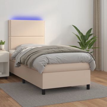 Боксспринг легло с матрак LED капучино 90x190см изкуствена кожа