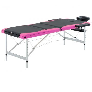 Сгъваема масажна кушетка, 3 зони, алуминий, черно и розово