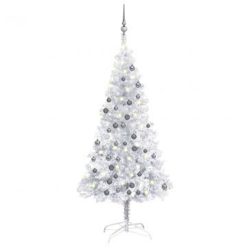 Изкуствена коледна елха с LED и топки сребриста 150 см PET Beltran