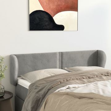 Горна табла за легло с уши Stokes, светлосива, 147x23x78/88 см, кадифе