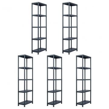 Стелажи за съхранение 5 бр черни 125 кг 60x30x180 см пластмаса