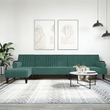 Г-образно разтегателно канапе тъмнозелено 260x140x70 см кадифе