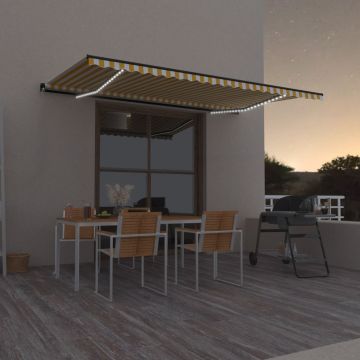 Ръчно прибиращ се сенник с LED Gentry, 500x350 см, жълто и бяло