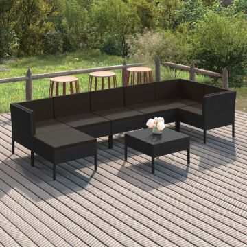 Градински лаундж комплект с възглавници 8 части полиратан черен June
