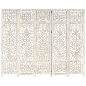 Ръчно резбован параван Emme, 5 панела, бял, 200x165 cм, манго масив