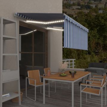 Ръчно прибиращ се сенник с щора и LED 3,5x2,5 м синьо и бяло