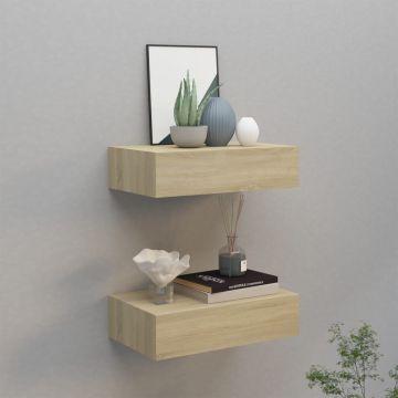Стенни рафтове с чекмеджета, 2 бр, дъб, 40x23,5x10 см, МДФ