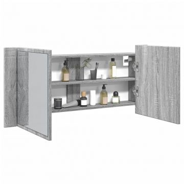 Шкаф с LED огледало за баня, сив сонома, 100x12x45 см