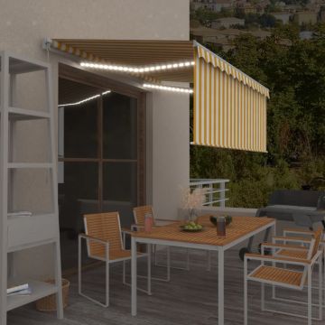 Ръчно прибиращ се сенник с щора и LED Hewitt, 3x2,5 м, жълто и бяло