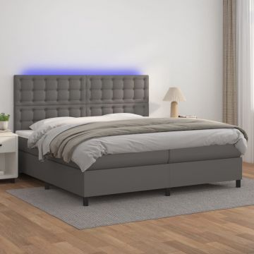 Боксспринг легло с матрак и LED сиво 200x200 см изкуствена кожа