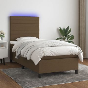 Боксспринг легло с матрак и LED, тъмнокафява, 90x190 см, плат