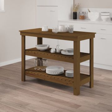 Работна маса меденокафява 110,5x50x80 см борово дърво масив