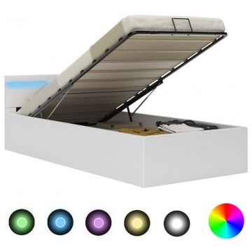 Легло с повдигащ механизъм с LED бяло изкуствена кожа 90x200 cм