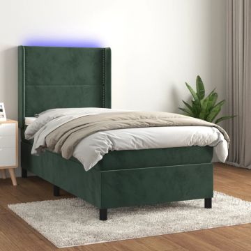 Боксспринг легло с матрак и LED, тъмнозелено, 80x200 см, кадифе