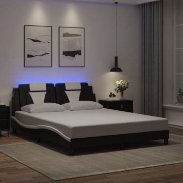 Рамка за легло с LED осветление черно-бяла 160x200 cм еко кожа