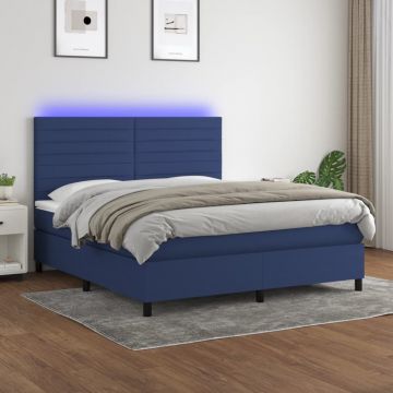 Боксспринг легло с матрак и LED, синьо, 180x200 см, плат