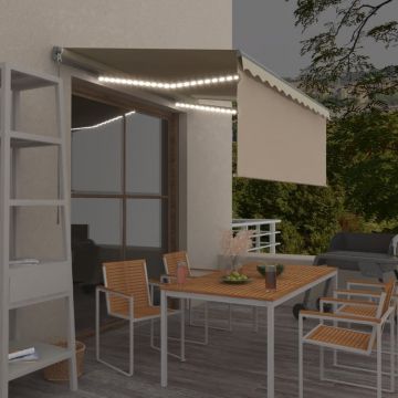 Ръчно прибиращ се сенник с щора и LED, 3,5x2,5 м, кремав