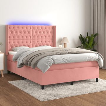 Боксспринг легло с матрак и LED, розово, 140x200 см, кадифе