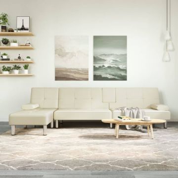 Ъглов разтегателен диван кремав 255x140x70 см изкуствена кожа