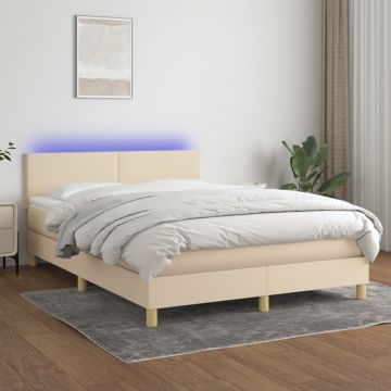 Боксспринг легло с матрак и LED, кремаво, 140x190 см, плат
