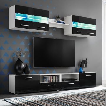 ТВ секция от 5 части с LED осветление, силен гланц, черна