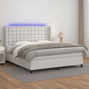 Боксспринг легло с матрак и LED бяло 160x200 см изкуствена кожа