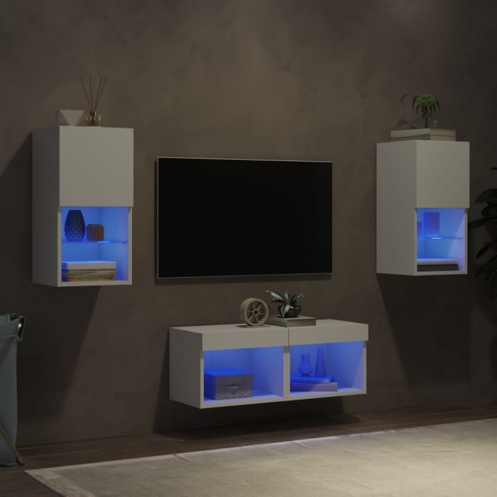 ТВ стенни шкафове, 4 части, с LED светлини, бели