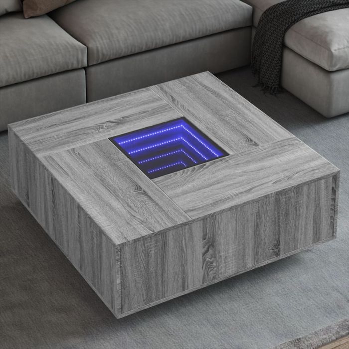 Маса за кафе с Infinity LED, сив сонома, 100x100x40 см