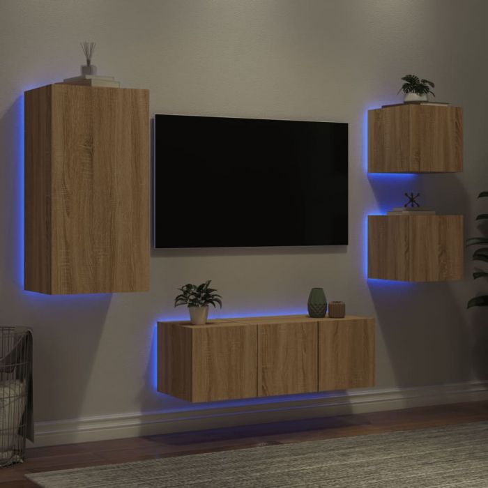 ТВ стенни модули с LED, 5 части, сонома дъб, инженерно дърво