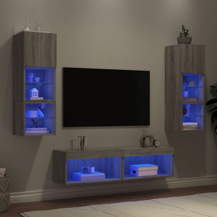 ТВ стенни модули с LED, 6 части, сив сонома, инженерно дърво