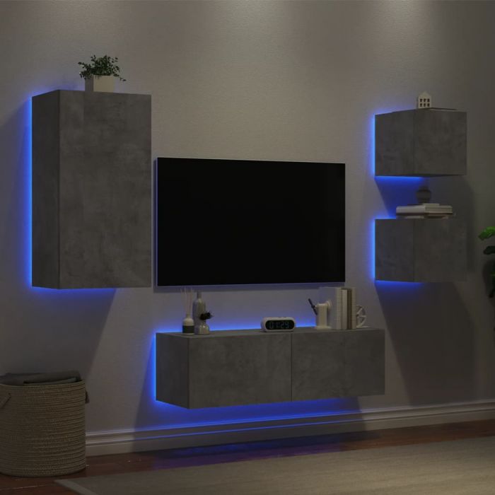 ТВ стенни шкафове, 4 части, с LED светлини, бетонно сиви