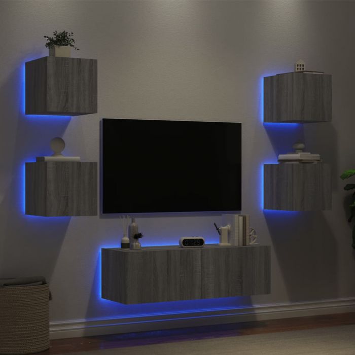 ТВ стенни шкафове, 5 части, с LED светлини, сив сонома