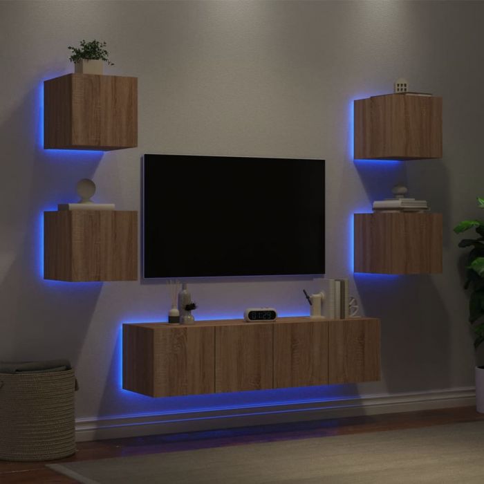 ТВ стенни модули с LED, 6 части, сонома дъб, инженерно дърво