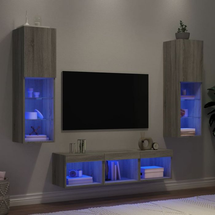 ТВ стенни модули с LED, 5 части, сив сонома, инженерно дърво