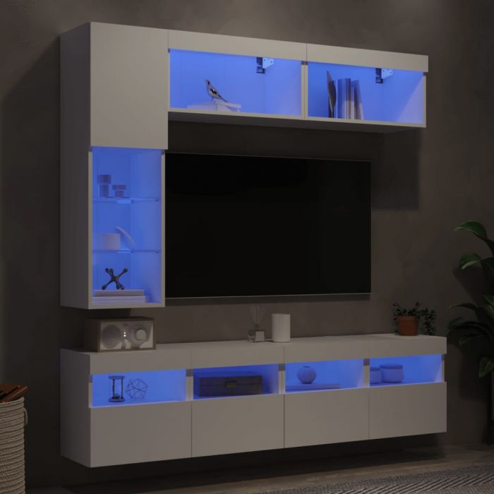 Комплект ТВ стенни шкафове, 7 части, с LED светлини, бели