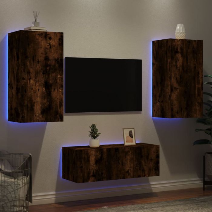ТВ стенни модули с LED, 4 части, опушен дъб, инженерно дърво