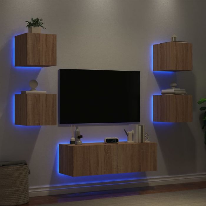 ТВ стенни шкафове, 5 части, с LED светлини, сонома дъб