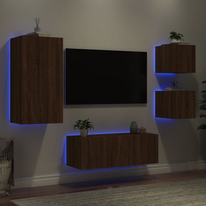 ТВ стенни модули с LED, 5 части, кафяв дъб, инженерно дърво
