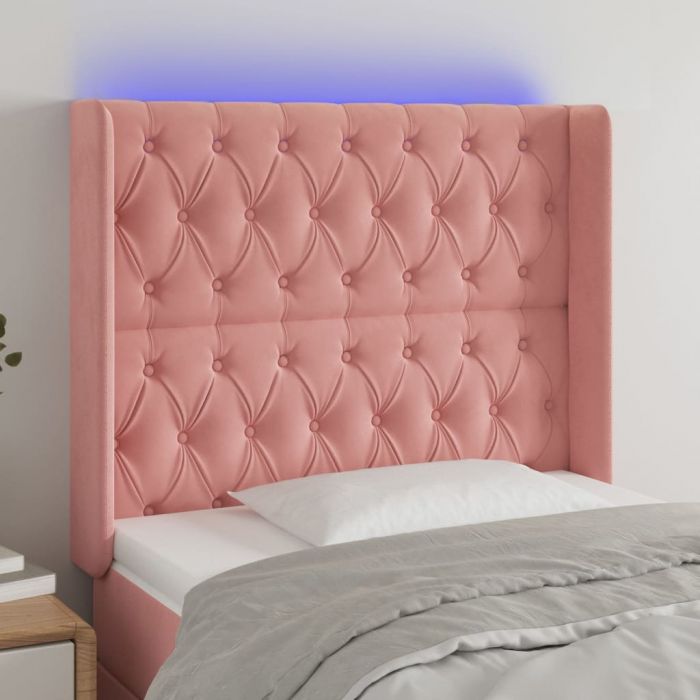 LED горна табла за легло, розова, 93x16x118/128 см, кадифе