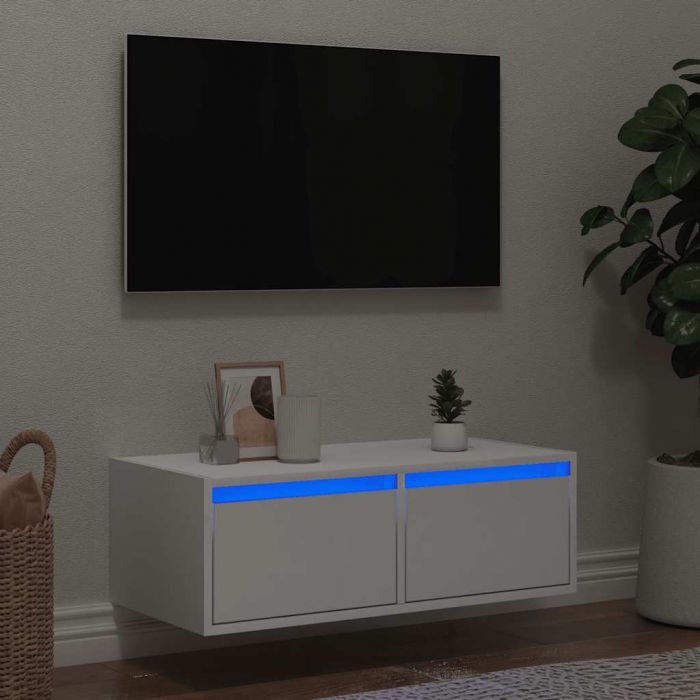 ТВ шкаф с LED осветление, бял, 75x35,5x25 см