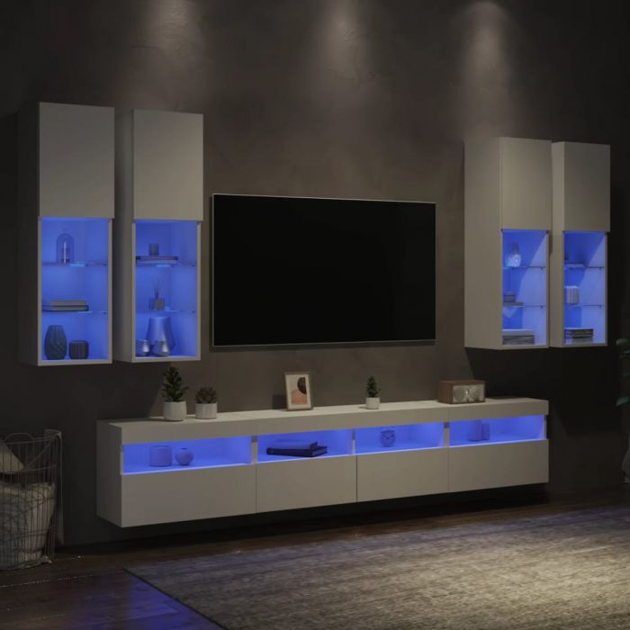 Комплект ТВ стенни шкафове, 7 части, с LED светлини, бели