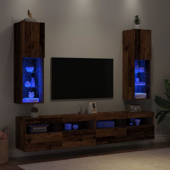 ТВ шкафове с LED осветление, 2 бр, старо дърво, 30,5x30x102 см
