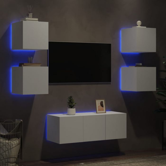 ТВ стенни модули с LED, 6 части, бели, инженерно дърво
