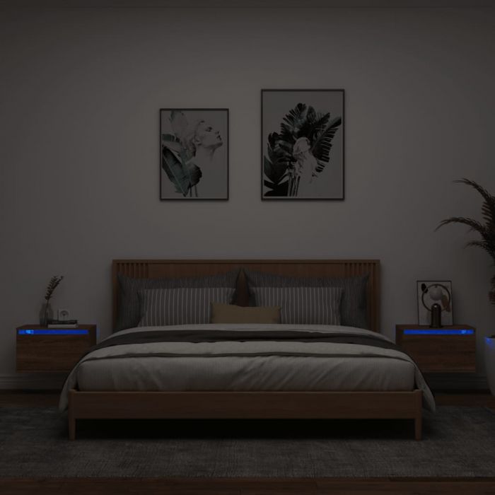 Нощни шкафчета за стена с LED осветление, 2 бр, кафяв дъб