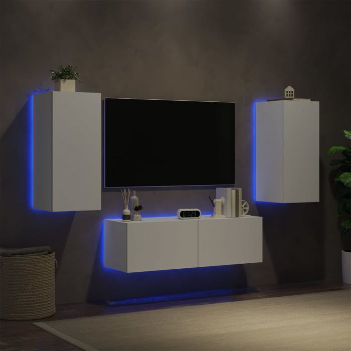 ТВ стенни шкафове, 3 части, с LED светлини, бели