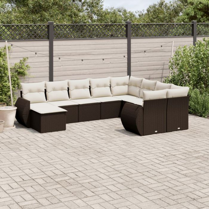 Градински комплект диван с възглавници 10 части кафяв полиратан