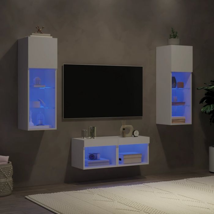 ТВ стенни шкафове, 4 части, с LED светлини, бели